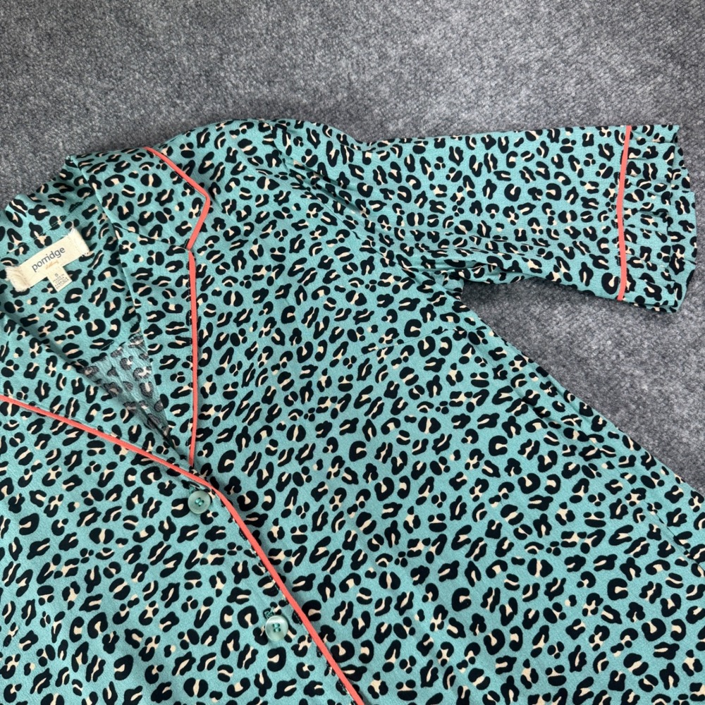 Porridge Leopard Print Button Down Top Womens Size S Turquoise Pajama Style Boho